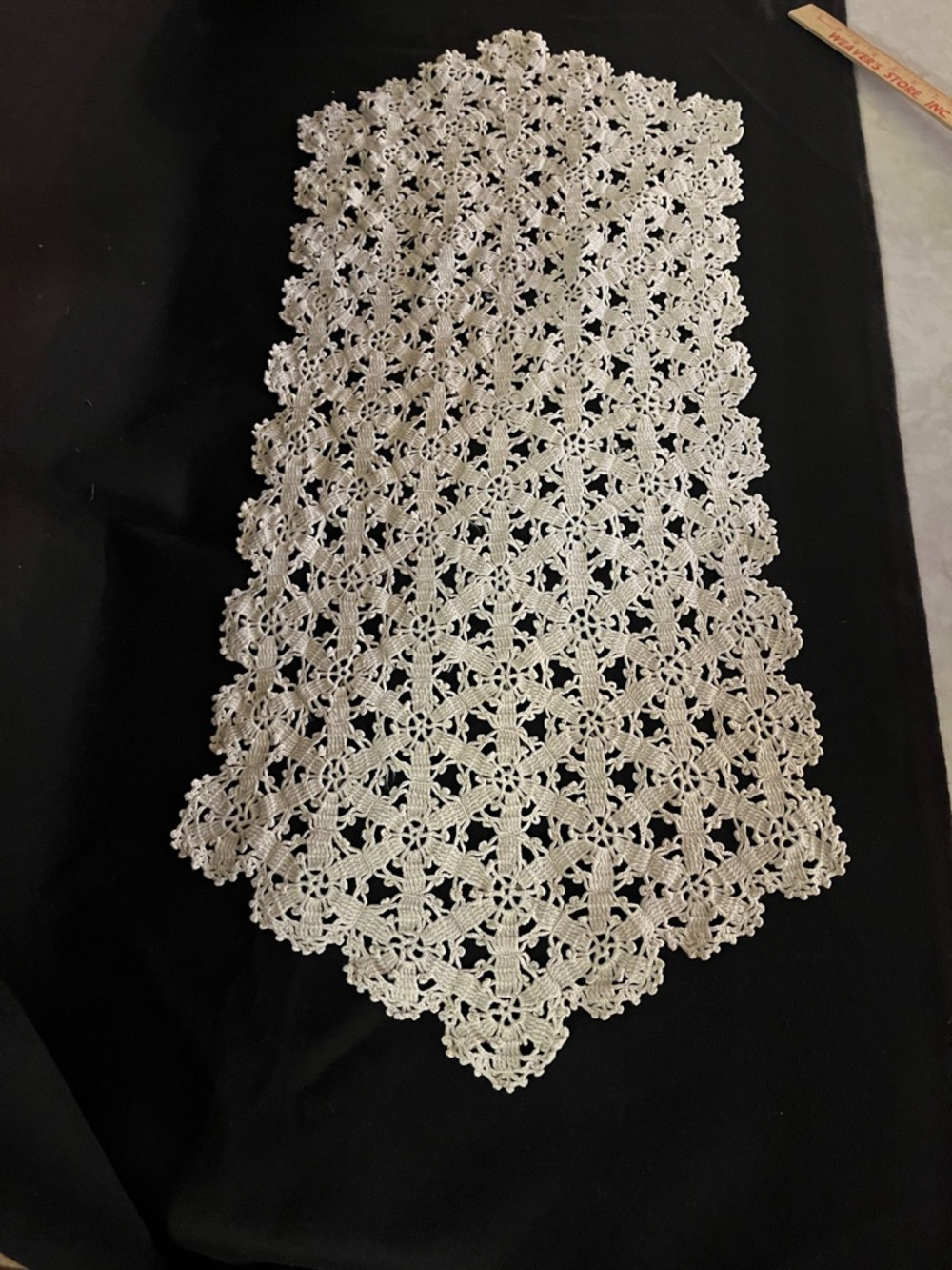 Vintage Crocheted Table Runner bureau scarf 34.5” x 14.  Heavy cotton off white